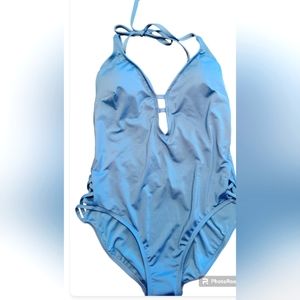 laundry Blue One Piece Halter V Neck Women's Swimsuit Crisscross Sides Medium